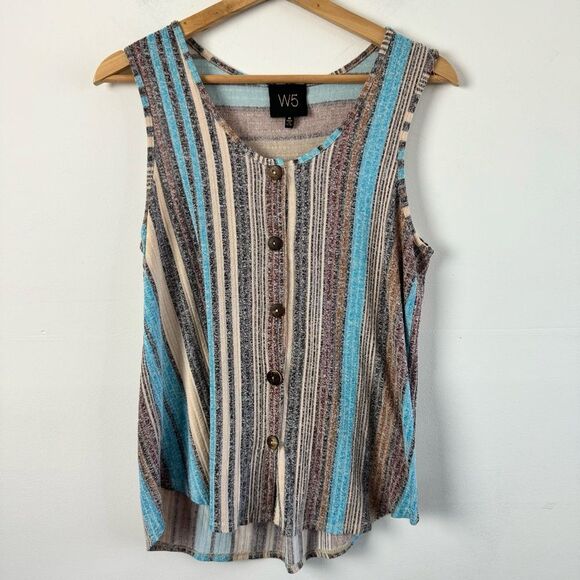 Anthropologie W5 Button blue cream striped sleeveless blouse Cotton Blend Medium - Picture 3 of 8